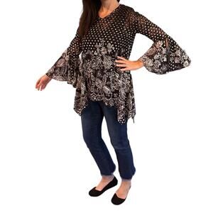 Dor Dor Couture Womens black and white polka dot floral lace top Medium